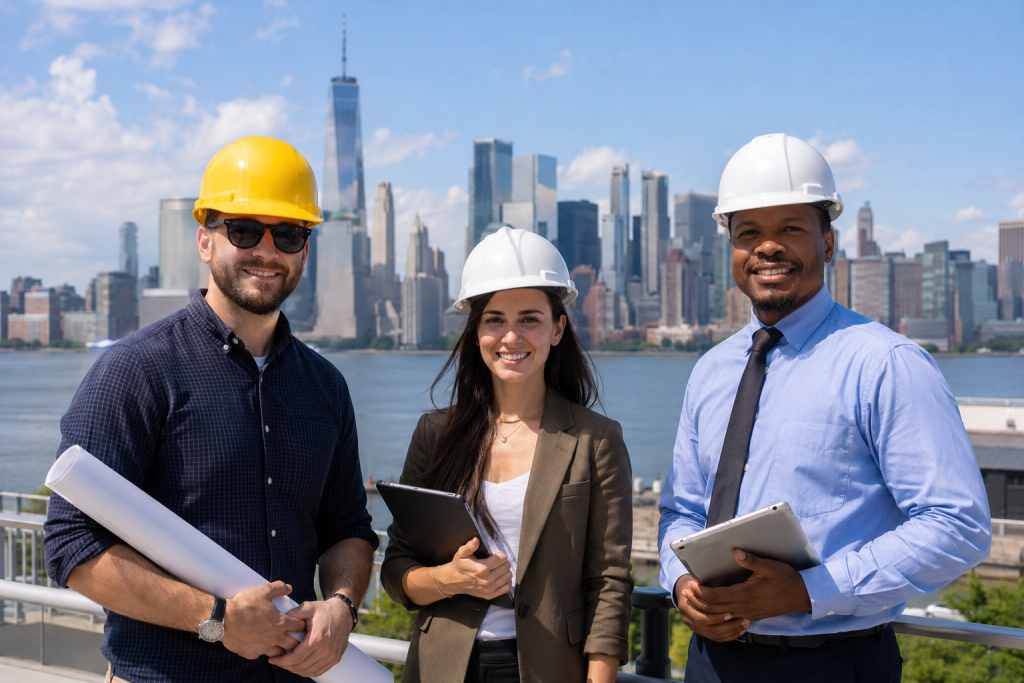 Three construction professionals wearing hard hats pose outdoors in front of a city skyline, holding blueprints and a tablet.