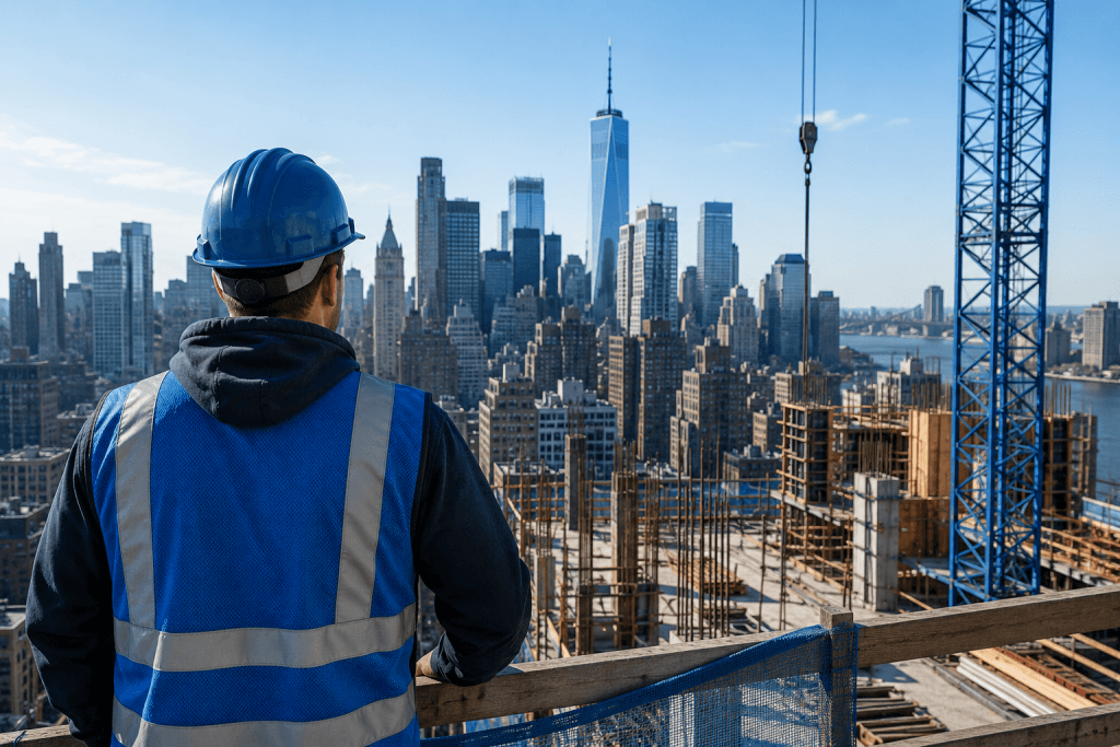 Construction worker in a blue hard hat and reflective safety vest standing on a building site, overlooking a city skyline.